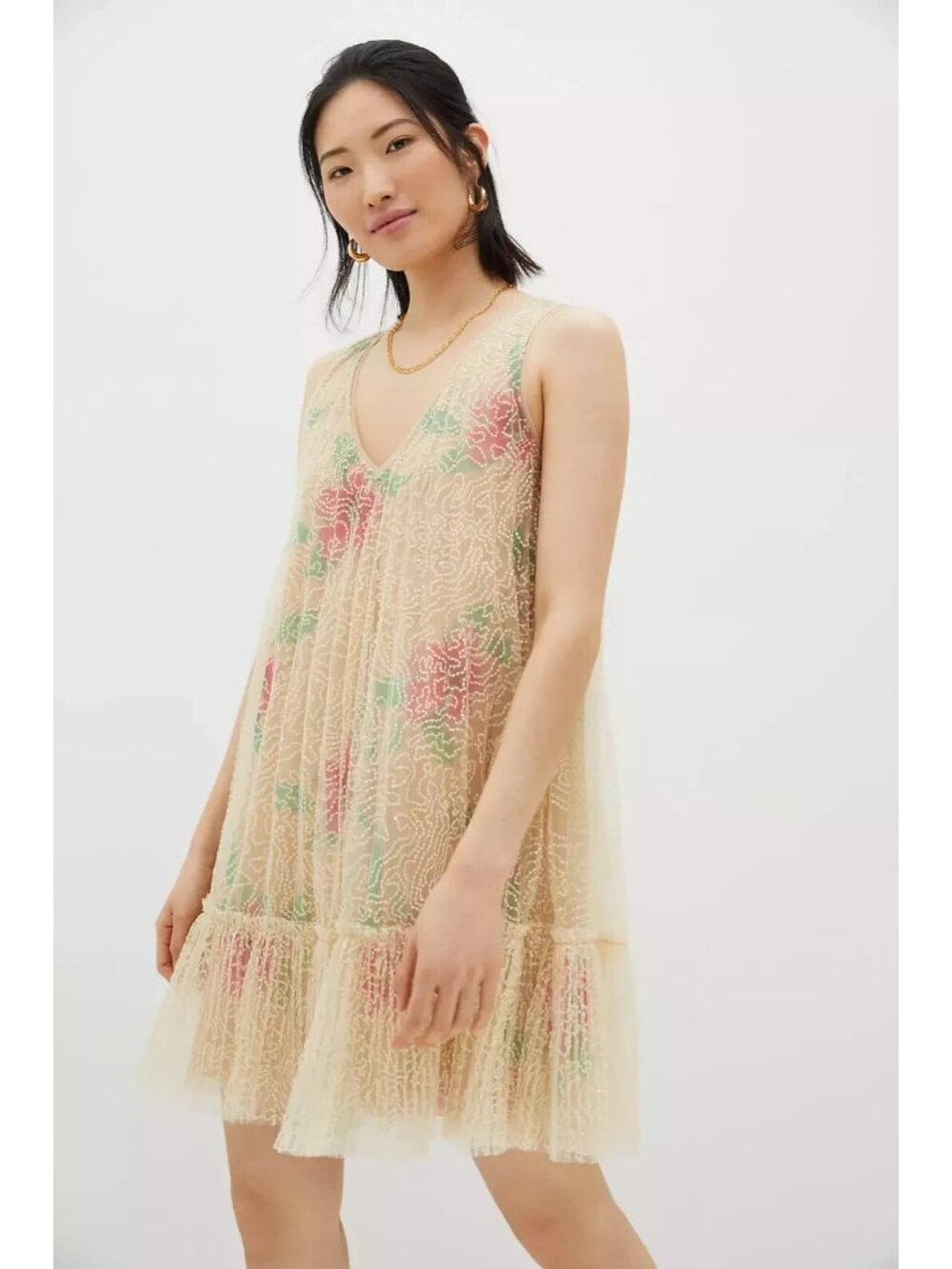 NWT Anthropologie Geisha Designs Sequined Tulle Mini in Beige Floral Dress S